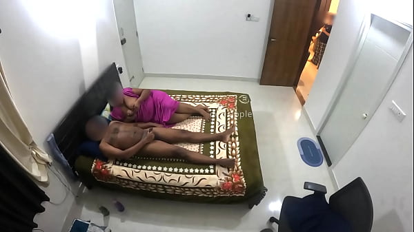 Having fun with husband while maid cleaning room